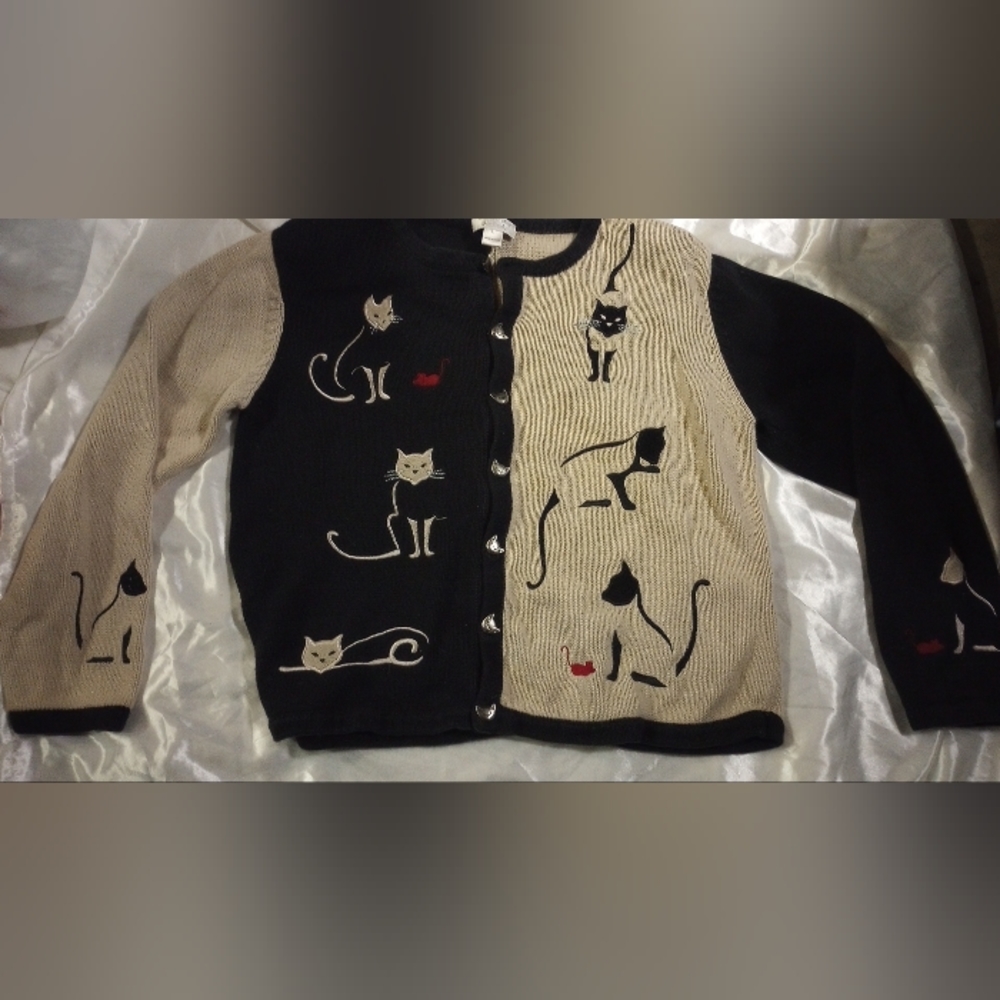 Christopher & Banks Two-Tone Black and Beige Cat Cardigan